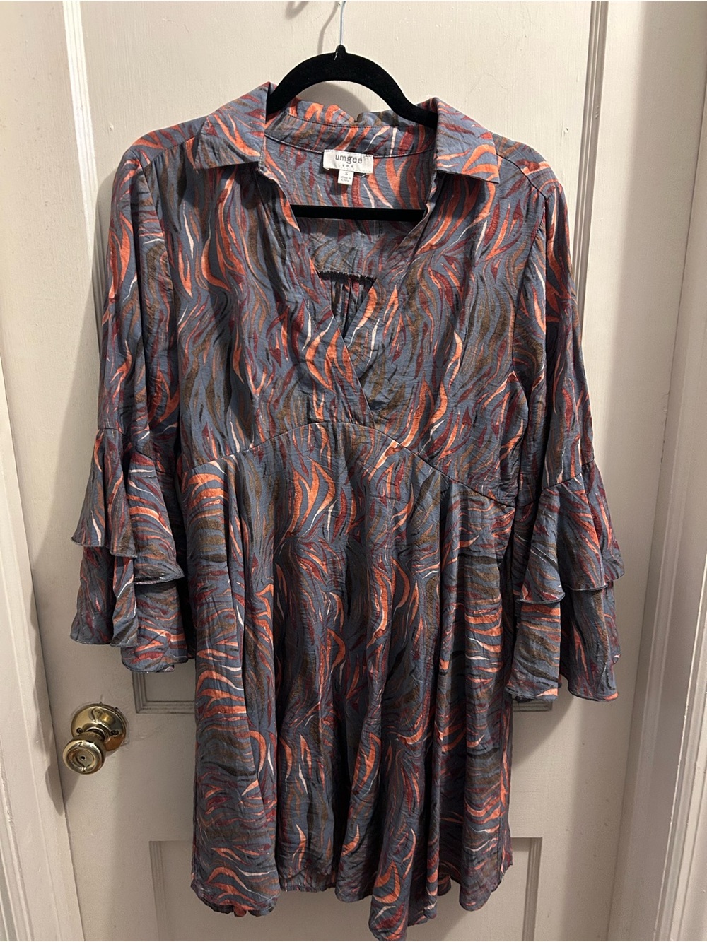 Umgee Blue & Coral Swirl Women's Peasant Mini Dress Ruffles Bell Sleeve Size   S